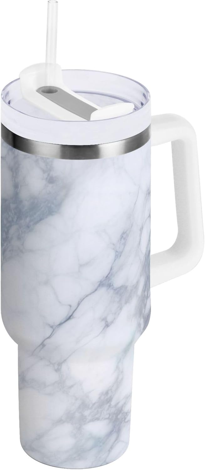 xigua 40 oz White Marble Tumbler with Handle and Straw Lid, Stainless Steel Vacuum Insulated Sports Water Bottle, Keeps Cold or Hot Coffee Cup Travel Mug